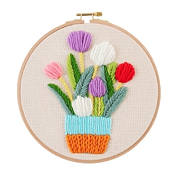 Fleur Kits de peinture de broderie de fil de bricolage de motif de fleur pour les débutants, y compris les instructions, tissu en coton imprimé, fil à broder et aiguilles, cercle à broder rond, tulipe, 3mm