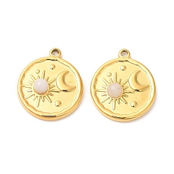 White Moonstone Ion Plating(IP) 316 Stainless Steel Flat Round Pendants, Natural White Moonstone Sun & Moon Charms, Real 24K Gold Plated, 21.5x18x4.5mm, Hole: 1.6mm