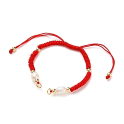 Red Braided Nylon Cord Bracelet Making, with 304 Stainless Steel Open Jump Rings, Round Brass Beads and Pearl Beads, Red, Single Chain Length: about 6-3/4 inch(17cm)
