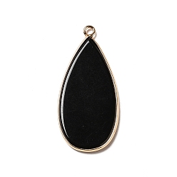 Obsidian Natural Obsidian Pendants, Teardrop Charms, with Light Gold Tone Brass Findings, 45x21~21.5x3~3.5mm, Hole: 2mm
