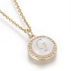 Letter G Brass Initial Pendant Necklaces, with Shell, Cubic Zirconia and 304 Stainless Steel Cable Chains, Flat Round with Letter, Letter.G, 17.5 inch(44.5cm), 1.5mm