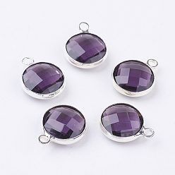 Púrpura Encantos redondos planos de cristal de latón plateado color plata, facetados, púrpura, 12x8.5x3 mm, agujero: 1.5 mm