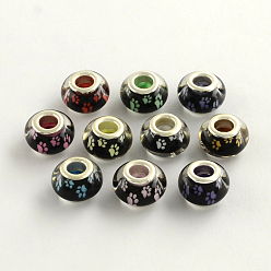 Mixed Color Large Hole Dog Paw Prints Pattern Resin European Beads, with Platinum Plated Brass Double Cores, Rondelle, Mixed Color, 14x9mm, Hole: 5mm