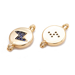 Real 18K Gold Plated Brass Micro Pave Cubic Zirconia Beads Links Connectors, Long-Lasting Plated, Flat Round with Lightning, Medium Blue, Real 18K Gold Plated, 13x8x3mm, Hole: 1.4mm