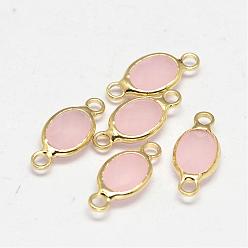 Pink Oval Faceted Golden Brass Glass Links connectors, Pink, 15x7x3.2mm, Hole: 1mm