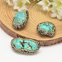 Turquoise Nuggets Dyed Natural Magnesite Beads, with Polymer Clay Rhinestones, Turquoise, 21~33x17~21x10~14mm, Hole: 0.5~1mm