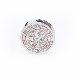 Stainless Steel Color Stainless Steel Beads, Flat Round with Religion Pattern, Stainless Steel Color, 10x3mm, Hole: 1.8mm