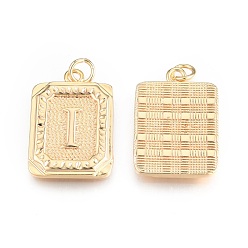 Letter I Brass Pendants, with Jump Rings, Cadmium Free & Nickel Free & Lead Free, Rectangle with Letter, Real 18K Gold Plated, Letter.I, 22.5x16x2mm, Jump Ring: 5x1mm, 3mm inner diameter