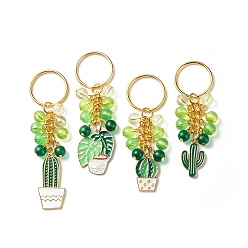 Vert 4 porte-clés pendentif en émail en alliage d'empotage de cactus/feuille, avec des perles acryliques, pour voiture sac pendentif décoration porte-clés, verte, 7.5~9.3 cm