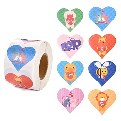 Coloré Autocollants étiquette cadeau papier thème saint valentin, 8 étiquettes adhésives en forme de coeur et motif animal, pour la fête, cadeaux décoratifs, colorées, 4.1 cm, à propos 500pcs / roll