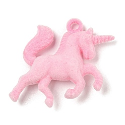 Pink Colgantes de resina flocky, encantos de unicornio, rosa, 33x41x9.5 mm, agujero: 3 mm