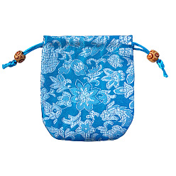Deep Sky Blue Chinese Style Flower Pattern Satin Jewelry Packing Pouches, Drawstring Gift Bags, Rectangle, Deep Sky Blue, 10.5x10.5cm