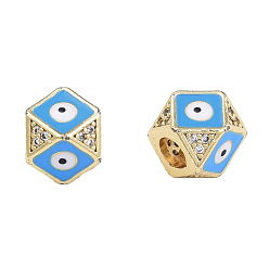 Deep Sky Blue Brass Micro Pave Clear Cubic Zirconia Beads, with Enamel, Real 18K Gold Plated, Octagon with Evil Eye, Nickel Free, Deep Sky Blue, 11x11x8.5mm, Hole: 4mm