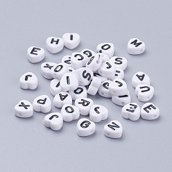 Blanco Cuentas de letras de acrílico de agujero horizontal, corazón con la letra, blanco, 7x7x4 mm, agujero: 1 mm, Sobre 3500 unidades / 500 g