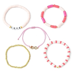 Mixed Color 5Pcs 5 Style Polymer Clay Heishi & Word Love Beaded Stretch Bracelets Set, Brass Infinity Link Adjustable Bracelets, Mixed Color, Inner Diameter: 2-1/8~3-1/4 inch(5.5~8.2cm), 1Pc/style