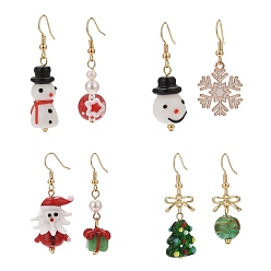 Mixed Color 4 Sets 4 Styles Lampwork & Alloy Enamel Dangle Earrings Set, Snowflake & Gift & Christmas Tree & Santa Claus Brass Earrings for Women, Mixed Color, 37~46mm, Pin: 0.9mm, 1 Set/style