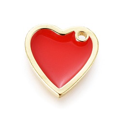 Rouge Charmes laiton émail, cœur, or, rouge, 13x13x2mm, Trou: 1.2mm