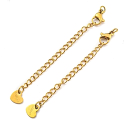 Real 18K Gold Plated 304 Stainless Steel Curb Chain Extender, End Chains with Lobster Claw Clasps and Heart Chain Tabs, Real 18K Gold Plated, 75mm