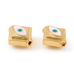 Real 18K Gold Plated Brass Enamel Beads, Rhombus with Eye, Real 18K Gold Plated, 8x9x4mm, Hole: 0.8mm