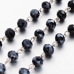 Noir Chaînes de perles de verre rondelles faites main pour colliers fabrication de bracelets, avec épingle à oeil en fer, non soudée, noir, 39.3 pouce, Environ 88 pcs/chapelet