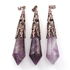 Amethyst Natural Amethyst Big Pointed Pendants, with Brass Bead Cap Bails, Bullet, Red Copper, 68~75x15~16mm, Hole: 8x5mm