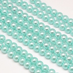 Turquoise Pâle Brins de perles rondes en verre teinté écologique, cordon en coton fileté, turquoise pale, 8mm, Trou: 0.7~1.1mm, Environ 52 pcs/chapelet, 15 pouce