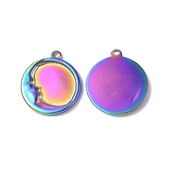 Rainbow Color Ion Plating(IP) 304 Stainless Steel Pendants, Flat Round with Moon Charm, Rainbow Color, 20.5x18x2.5mm, Hole: 1.6mm