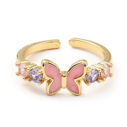Real 18K Gold Plated Enamel Butterfly Open Cuff Ring with Cubic Zirconia, Brass Jewelry for Women, Cadmium Free & Lead Free, Real 18K Gold Plated, US Size 6 1/4(16.7mm)