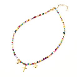 Colorful Glass Seed Beaded Necklaces, Star & Cross Charms Necklace, Golden, Colorful, 15.35 inch(39cm)