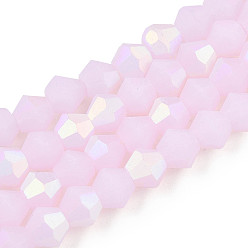 Perlas de Color Rosa Hebras de cuentas de vidrio esmerilado bicono de imitación de jade, medio de color ab chapado, facetados, rosa perla, 4x4 mm, agujero: 1 mm, sobre 86~89 unidades / cadena, 12.20~12.68 pulgada (31~32.2 cm)