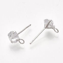 Real Platinum Plated Brass Stud Earring Findings, with Cubic Zirconia and Loop, Clear, Real Platinum Plated, 10x6.5mm, Hole: 2mm, Pin: 0.8mm