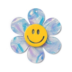 Bleu Ciel Gros pendentifs en acrylique bicolore, fleur avec le visage souriant, bleu ciel, 55x50x4.5mm, Trou: 1.8mm