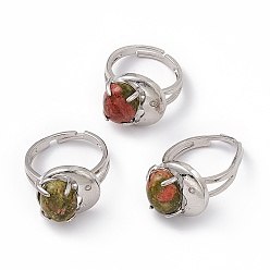 Unakite Natural Unakite Oval with Crescent Adjustable Ring, Platinum Brass Jewelry for Women, Cadmium Free & Nickel Free & Lead Free, US Size 7 3/4(17.9mm)
