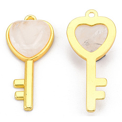 Quartz Crystal Natural Quartz Crystal Pendants, with Light Gold Plated Brass Findings, Key with Heart Charm, 38x17x6.5~7mm, Hole: 1.8mm