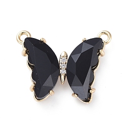 Black Brass Micro Pave Clear Cubic Zirconia Links, with Glass, Butterfly, Golden, Black, 18x21.5x4.5mm, Hole: 1.4mm