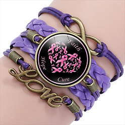 Medium Purple Imitation Leather Multi-strand Bracelets for Women, October Breast Cancer Pink Awareness Ribbon Alloy Glass Bracelet, Medium Purple, 6-1/4 inch(16cm)
