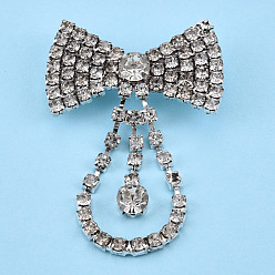 Bowknot Crystal Rhinestone Lapel Pin, Creative Silver Plated Brass Badge for Backpack Clothes, Silver, 50x35x9.5mm, Pin: 0.6mm