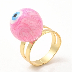 Pearl Pink Enamel Round with Evil Eye Beaded Open Cuff Ring, Real 18K Gold Plated Brass Jewelry for Women, Pearl Pink, Inner Diameter: 20mm