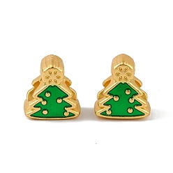 Green Alloy Enamel European Beads, Large Hole Beads, Christmas Tree Charm, Golden, Green, 12x11x7mm, Hole: 4mm