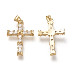 Real 18K Gold Plated Brass Micro Pave Cubic Zirconia Pendants, Cross, Clear, Real 18K Gold Plated, 30.5x20x4.5mm, Hole: 3.5x5mm