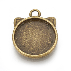 Antique Bronze Tibetan Style Alloy Kitten Pendant Cabochon Settings, Cat Head, Cadmium Free & Nickel Free & Lead Free, Antique Bronze, Tray: 15mm, 20.5x17x2mm, Hole: 2mm