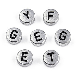 Letter Silver Color Plated Acrylic Horizontal Hole Letter Beads, Flat Round, Random Mixed Letters, 7x3.5mm, Hole: 1.2mm, about 3600pcs/500g