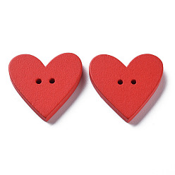 Rouge Boutons en bois peints à la bombe à 2 trous, cœur, rouge, 22.5x23.5x3.5mm, Trou: 1.6mm