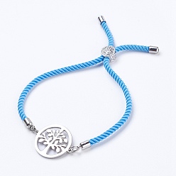 Deep Sky Blue Nylon Twisted Cord Bracelets, Slider Bracelets, Bolo Bracelets, with 304 Stainless Steel Links, Flat Round with Life of Tree, Deep Sky Blue, 9 inch(23cm), 3mm