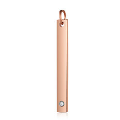 Oro Rosa 201 colgantes de etiqueta de barra de acero inoxidable, con diamante de imitación, Rectángulo, cristal, oro rosa, 32x3x1.5 mm, agujero: 3 mm