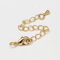 Golden Rack Plating and Vacuum Plating Brass Chain Extender, Soldered, with Lobster Claw Clasps, Cadmium Free & Lead Free, Golden, 50~70mm, Clasps: 12x7mm, Hole: 3mm