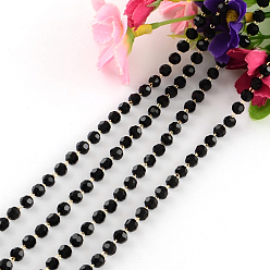 Black Handmade Brass Beaded Chains, Soldered, with Spool with Faceted Round Glass Beads, Raw(Unplated), Black, 4mm, about 32.8 Feet(10m)/roll