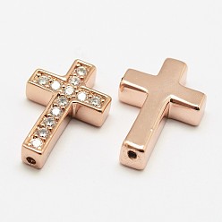 Real Rose Gold Plated Brass Micro Pave Grade AAA Cubic Zirconia Beads, Cross, Cadmium Free & Nickel Free & Lead Free, Real Rose Gold Plated, 18.8x12.8x3.8mm, Hole: 1.5mm