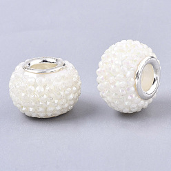 Beige Resin Rhinestone European Beads, Large Hole Beads, with Platinum Tone Brass Double Cores, AB Color, Rondelle, Berry Beads, Beige, 14x10mm, Hole: 5mm
