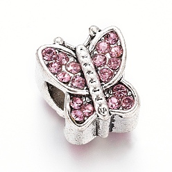 Light Rose Antique Silver Plated Alloy European Beads, with Rhinestone, Large Hole Beads, Butterfly, Light Rose, 11x10.5x9mm, Hole: 5mm